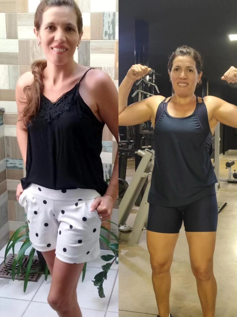 Aluna de 46 anos com físico atlético posando de frente