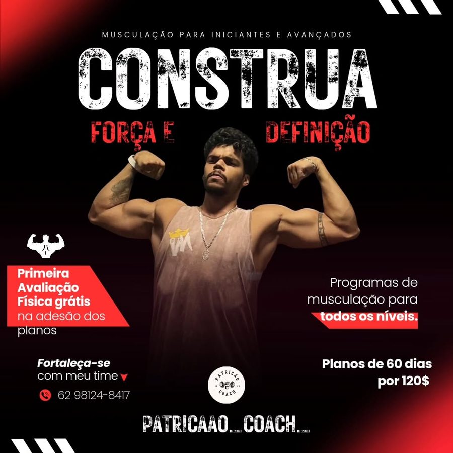 Cartaz da oferta: construa força e definição — planos de 60 dias com avaliação física grátis